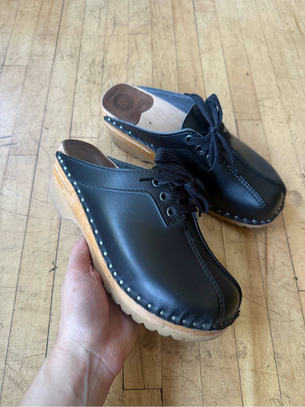 TROENTORP Audubon Black Leather Lace Up Clogs Slip On Mules 37 US 7